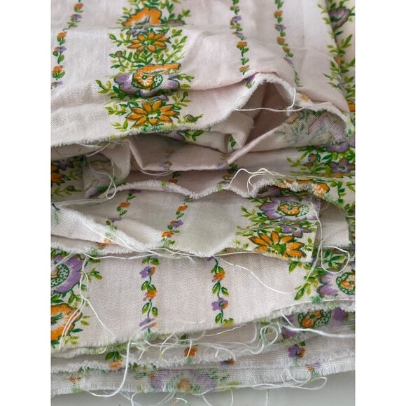 Fabric Purple Orange Floral Stripes White Ivory Quilting Sewing Remnants Art VTG - Picture 4 of 13